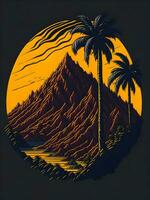 pôr do sol com montanha e Palma árvores criativo ilustração foto