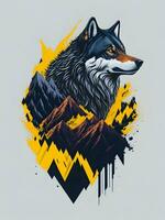 Lobo com montanha e colorida neve ilustração em Preto fundo para camiseta Projeto foto