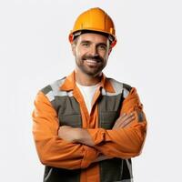 atraente homem dentro construção capacete foto