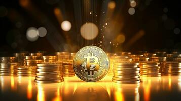 bitcoin moedas em uma fundo do brilhando brilhante objetos foto