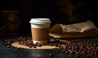 café com croissant e café feijões em Preto fundo ai generativo foto