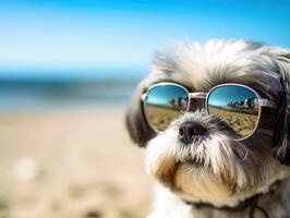 fofa shih tzu cachorro vestindo oculos de sol às a de praia foto