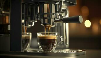 uma profissional café máquina preparando a espresso café dentro uma vidro xícara, ai generativo foto