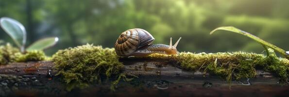 uma viagem através a floresta. fechar-se do uma Caracol dentro a floresta com natural fundo. ai generativo foto