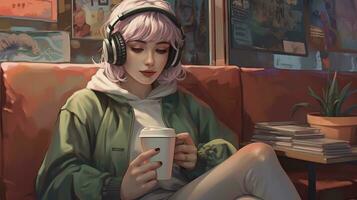 lofi música cobrir arte, estude calafrio dormir café livro, ai generativo foto