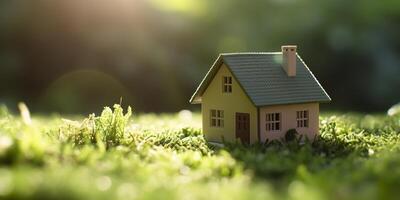 uma casa para a futuro. uma pequeno modelo casa dentro a luz solar. cópia de espaço do casa e vida conceito. ai generativo foto