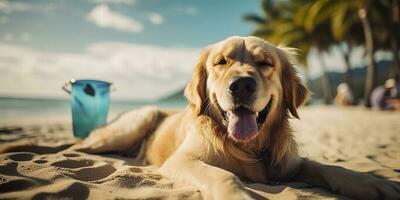 dourado retriever cachorro é em verão período de férias às beira-mar recorrer e relaxante descansar em verão de praia do Havaí. ai generativo foto