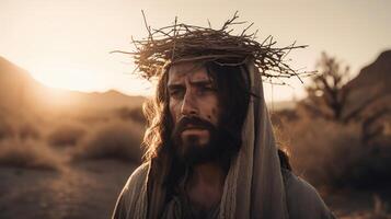 Jesus Cristo dentro a deserto com uma coroa do espinhos. ai gerado foto