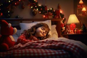 a adorável menina dorme dentro dela quarto, avidamente aguardando santa claus em uma Natal noite. Novo anos véspera fundo. ai gerado foto