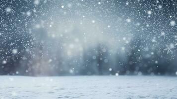 coberto de neve Natal árvore dentro uma floresta contexto, com uma borrado fundo e queda neve, inverno panorama cena. ai gerado foto