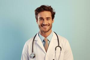 retrato do jovem médico ou enfermeira masculino com uniforme em estúdio fundo. médico homem conceito. ai gerado foto