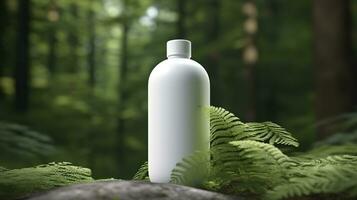 natural Cosmético produtos apresentação nos bastidores. ao ar livre floresta colocação. branco em branco jarra xampu garrafa. 3d. ai generativo foto