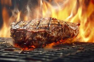 carne bife em a grade com fumaça e chamas. ai generativo foto