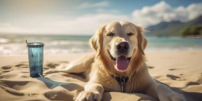 dourado retriever cachorro é em verão período de férias às beira-mar recorrer e relaxante descansar em verão de praia do Havaí. ai generativo foto