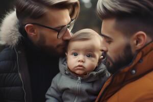 feliz gay casal com bebê. lgbtq família e relação. diversidade, homossexualidade. parceiros com não tradicional sexual orientação. sensual momento. mesmo sexo casal tendo criança. generativo ai. foto