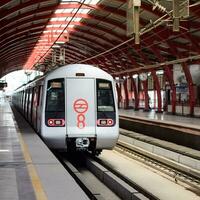 Délhi, Índia, pode 31 2023 - Délhi metro trem A chegar às jhandewalan metro estação dentro Novo Délhi, Índia, Ásia, público metro partindo a partir de jhandewalan estação dentro que Mais que 20 lakhs passageiros foto