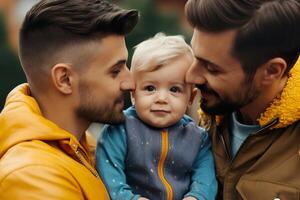 feliz gay casal com bebê. lgbtq família e relação. diversidade, homossexualidade. parceiros com não tradicional sexual orientação. sensual momento. mesmo sexo casal tendo criança. generativo ai. foto