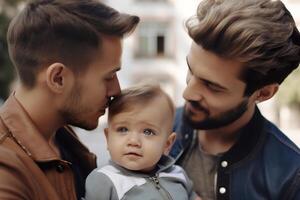 feliz gay casal com bebê. lgbtq família e relação. diversidade, homossexualidade. parceiros com não tradicional sexual orientação. sensual momento. mesmo sexo casal tendo criança. generativo ai. foto