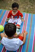 dois feliz Rapazes dentro sociedade parque, feliz ásia irmãos quem estão sorridente alegremente junto. irmãos jogar ao ar livre dentro verão, melhor amigos. criança pequena bebê Garoto jogando com dele feliz irmão dentro a jardim foto