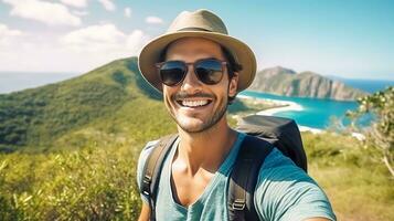 jovem homem turista dentro oculos de sol e chapéu levando selfie dentro natureza de a lago dentro montanhas, fez com generativo ai foto