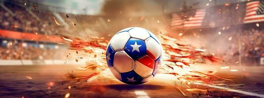 futebol bola com americano bandeira símbolos dentro fogo, energia e movimento, Esportes desempenho, bandeira fez com generativo ai foto