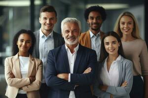 feliz diverso colegas, amigáveis funcionários e cinzento cabelo o negócio equipe líder executivo. ai generativo foto