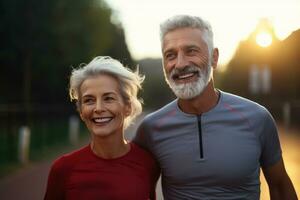 otimista maduro casado casal sorrir caminhando dentro parque dentro luz solar. saudável estilo de vida. ai generativo foto