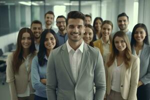 masculino o negócio treinador pose juntos com escritório trabalhadores grupo, o negócio equipe coaching. ai generativo foto