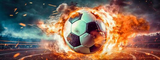 futebol, futebol bola dentro explosão do fogo energia e movimento, Esportes desempenho, bandeira fez com generativo ai foto