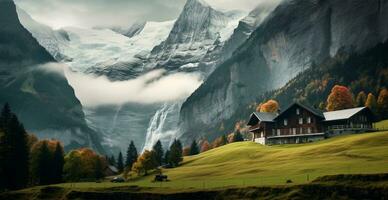 lindo verão nebuloso panorama dentro a montanhas do a Alpes, viagem dentro a montanhas - ai gerado imagem foto