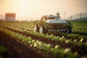 trator fertilizante uma campo. futuro tecnologia com agricultura agricultura conceito. generativo ai foto