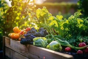 elevado cama jardins para crescendo legumes ou compostagem. generativo ai foto