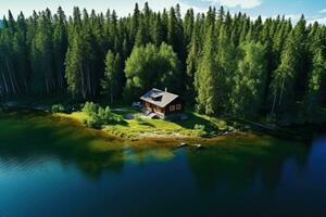 aéreo Visão do de madeira chalé dentro pinho floresta de a lago dentro verão. generativo ai foto