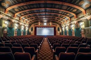 cinema interior com grande tela, criada com generativo ai foto