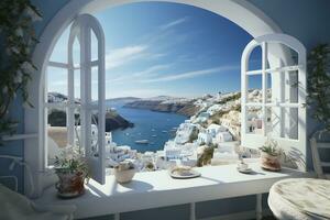 aberto janela com uma Visão para uma lindo grego cenário, criada com generativo ai foto