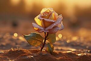 rosa com pingos de chuva crescendo dentro a deserto, criada com generativo ai foto