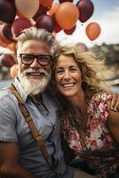 feliz Senior casal em a férias, criada com generativo ai foto