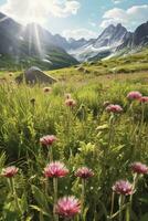 flores silvestres campo dentro a Alpes, criada com generativo ai foto