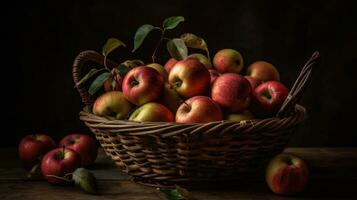 uma grupo do maçãs dentro uma cesta com borrão fundo e perfeito vendo ângulo, ai generativo foto