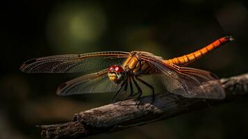 libélula empoleirado em uma ramo com uma borrado fundo, ai generativo foto