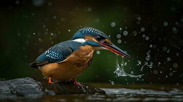 fechar-se rio martinho pescatore pássaro é Caçando sobre rio com borrão fundo, ai generativo foto
