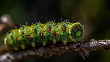 verde lagarta animal com perfeito anjo Visão e borrão fundo, ai generativo foto