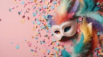 carnaval máscaras, e carnaval enfeites em pastel fundo para lindo carnaval bandeira, ai generativo foto