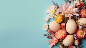 fundo Projeto venda bandeira para feliz Páscoa dia com colorida ovos e flores, ai generativo foto