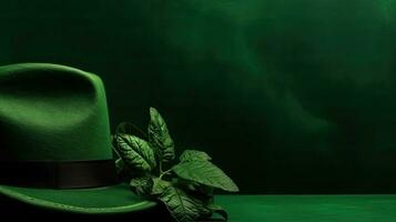 st patrick's com verde chapéu e verde folhas em verde pastel fundo, ai generativo foto