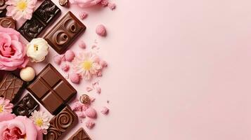 uma coleção do chocolate e Rosa flor granulados com Rosa pastel fundo, ai generativo foto