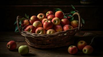 uma grupo do maçãs dentro uma cesta com borrão fundo, ai generativo foto