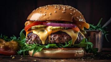 Hamburguer de queijo em uma de madeira prato com uma borrado fundo, ai generativo foto