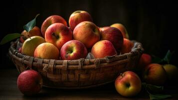perfeito vendo ângulo do grupo do maçãs dentro uma cesta com borrão fundo, ai generativo foto