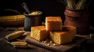 fofo bolo pão de milho em madeira prato com borrado fundo, ai generativo foto